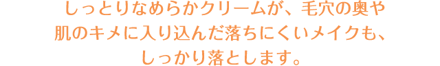 しっとりなめらかクリームが、毛穴の奥や肌のキメに入り込んだ落ちにくいメイクも、しっかり落とします。