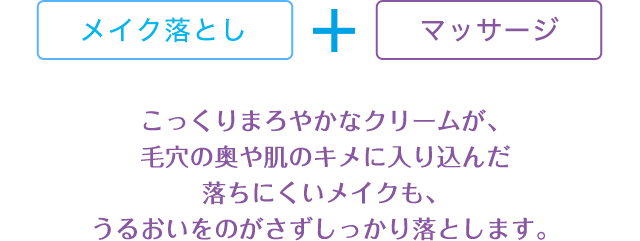 こっくりまろやかなクリームが、毛穴の奥や肌のキメに入り込んだ落ちにくいメイクも、うるおいをのがさずしっかり落とします。